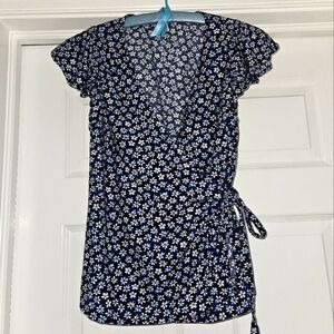 Old Navy Floral Wrap Top - Blue And White